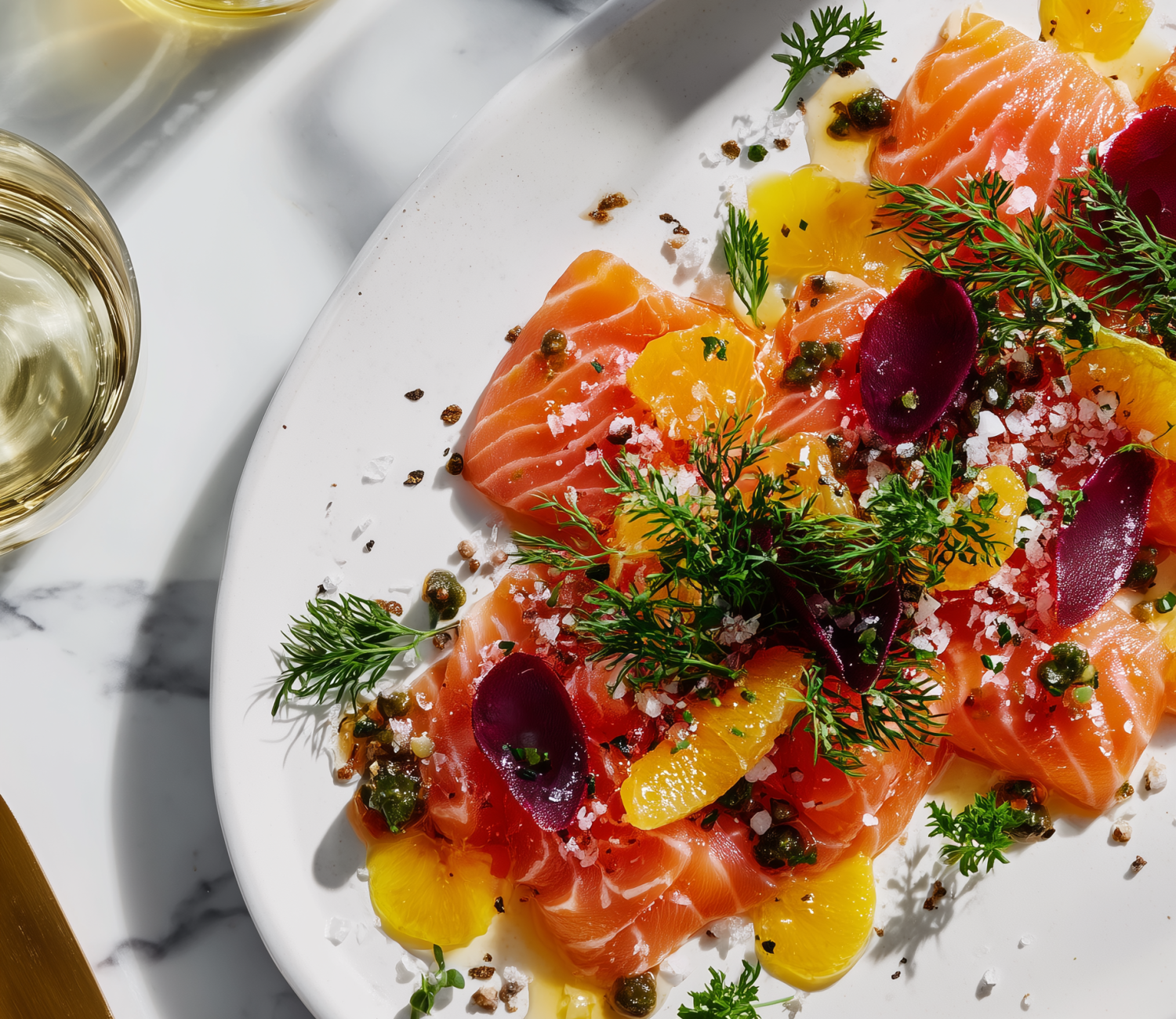 Punajuurigraavattu lohi appelsiinilla, tillillä ja rosépippurilla