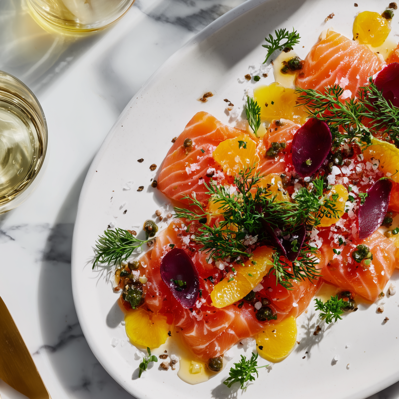 Punajuurigraavattu lohi appelsiinilla, tillillä ja rosépippurilla