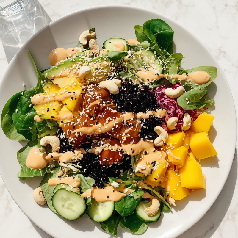 Poke-bowl lohella, mustalla riisillä ja raikkailla täytteillä