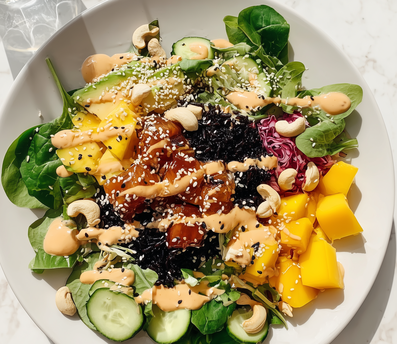 Poke-bowl lohella, mustalla riisillä ja raikkailla täytteillä