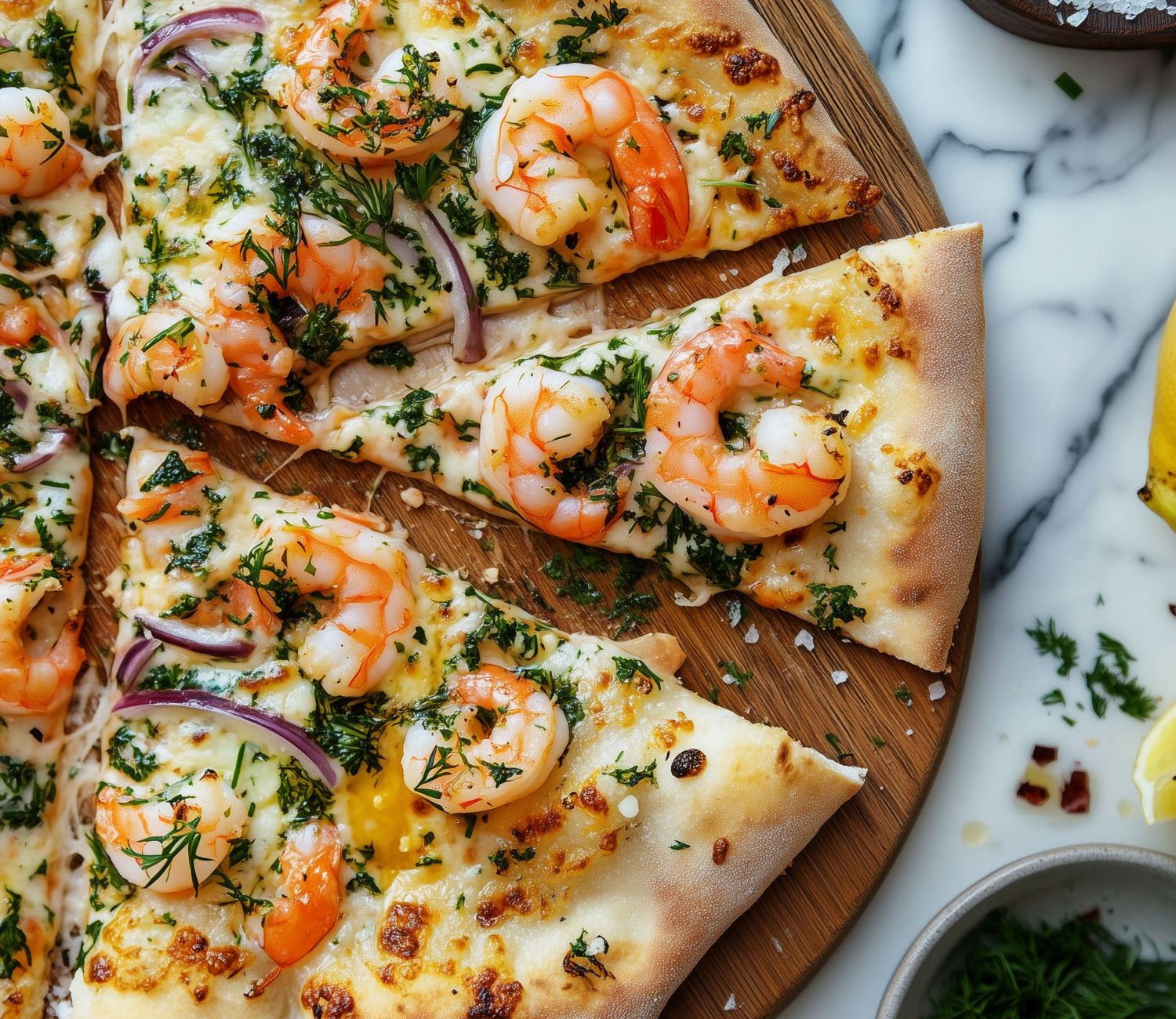 Ylellinen katkarapupizza valkosipulivoilla