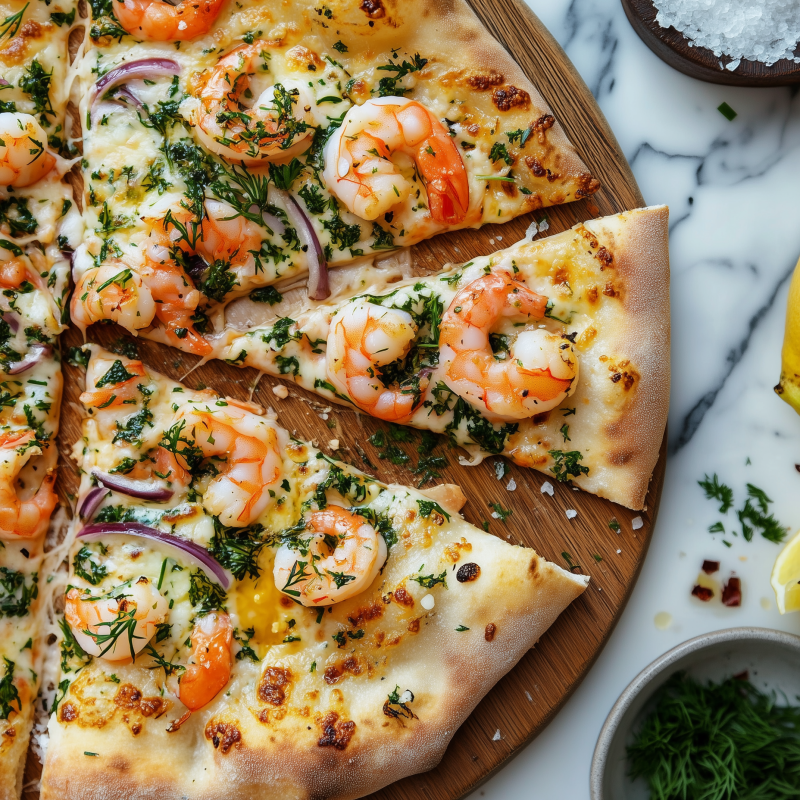 Ylellinen katkarapupizza valkosipulivoilla