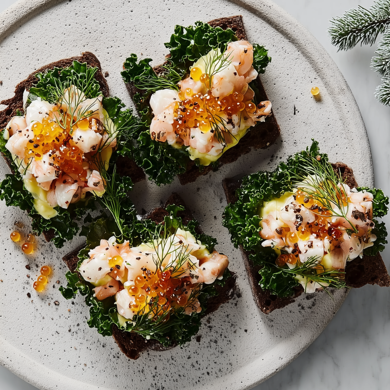 Joulunajan Skagen-toast lehtikaalilla ja rosépippurilla